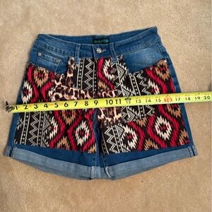 Blue and Red Jean Shorts with Geometric Trim